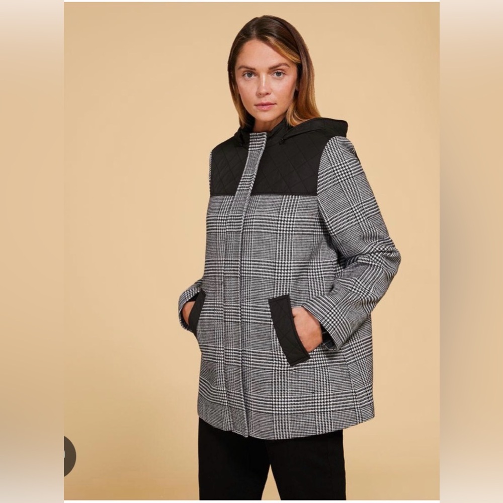 Persona by Marina Rinaldi Quilted Houndstooth Removable Hooded Jacket US 20 b2